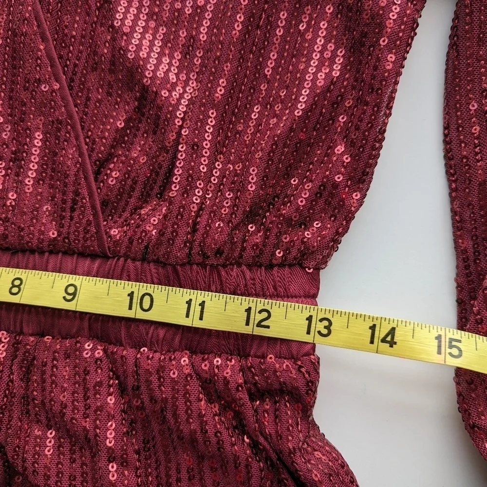 FashionNova Deep Red Wrap Front Collared Fully Sequin Long Sleeve Jumpsuit- sz S
